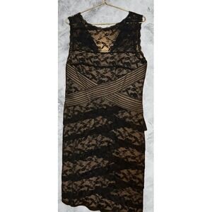 Blu Sage Womens Black Lace Sheath Dress Tan Lining Crisscross Waist Size 16